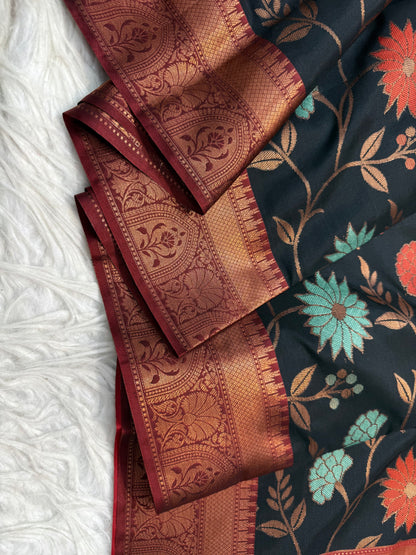 Black multicolour shade premium soft silk Banarasi saree