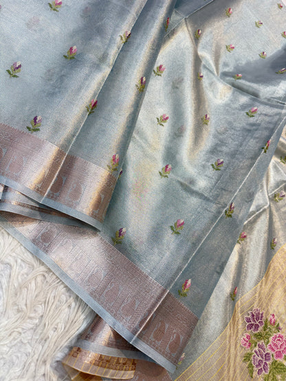 Sea green shade tissue kota embroidery primum Banarasi saree