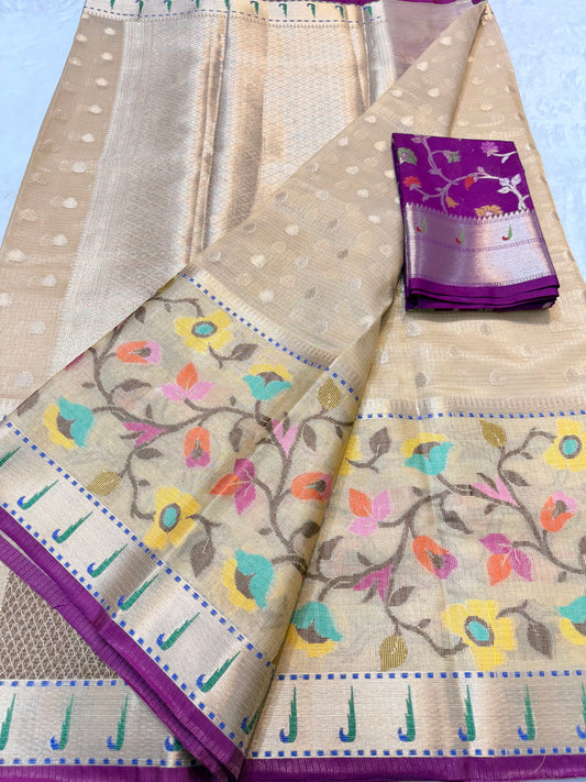 Gold & multicolour shade tissue kota premium paithani border designer banarasi saree