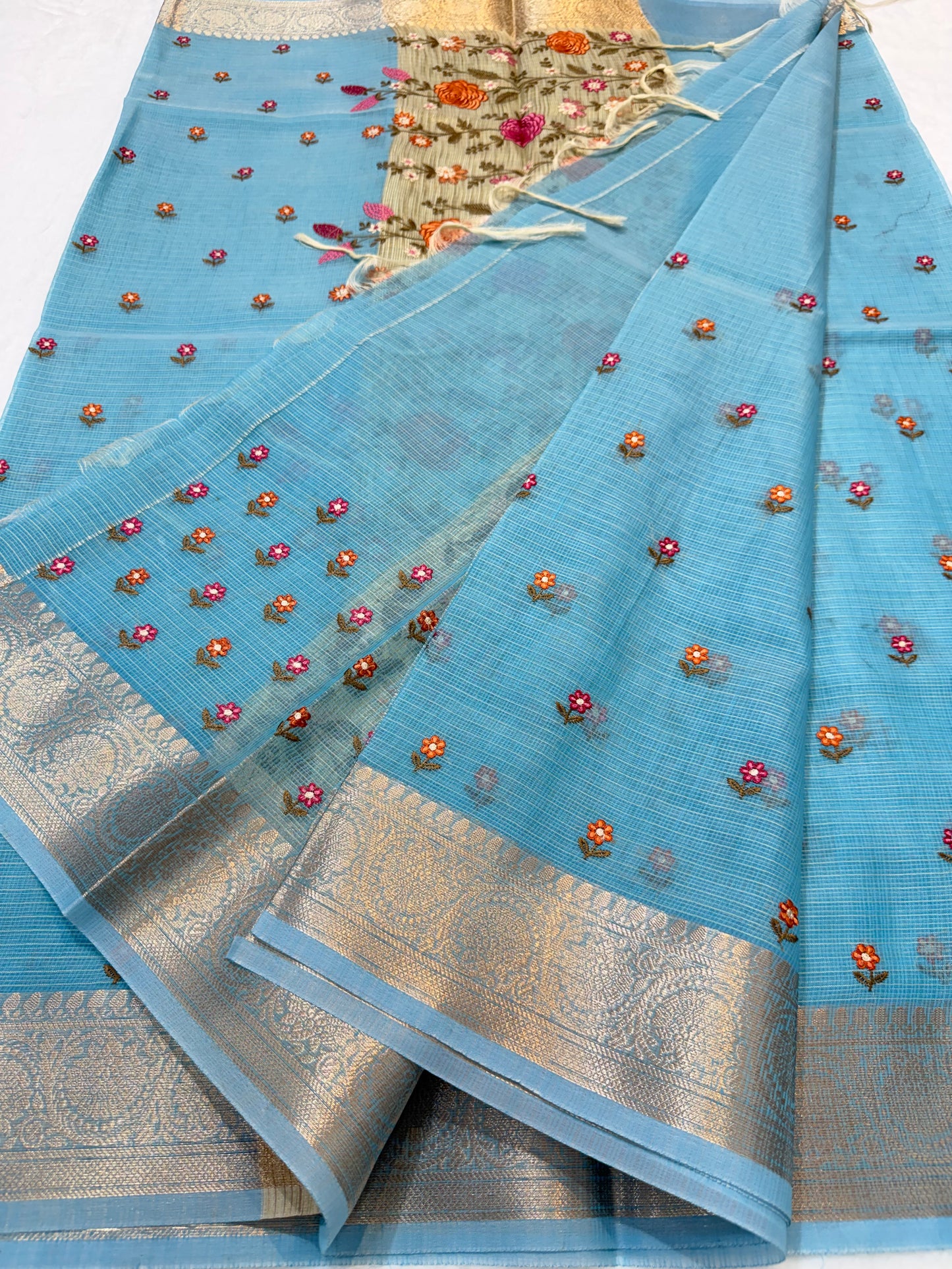 Sky blue shade cotton kota embroidery Banarasi saree