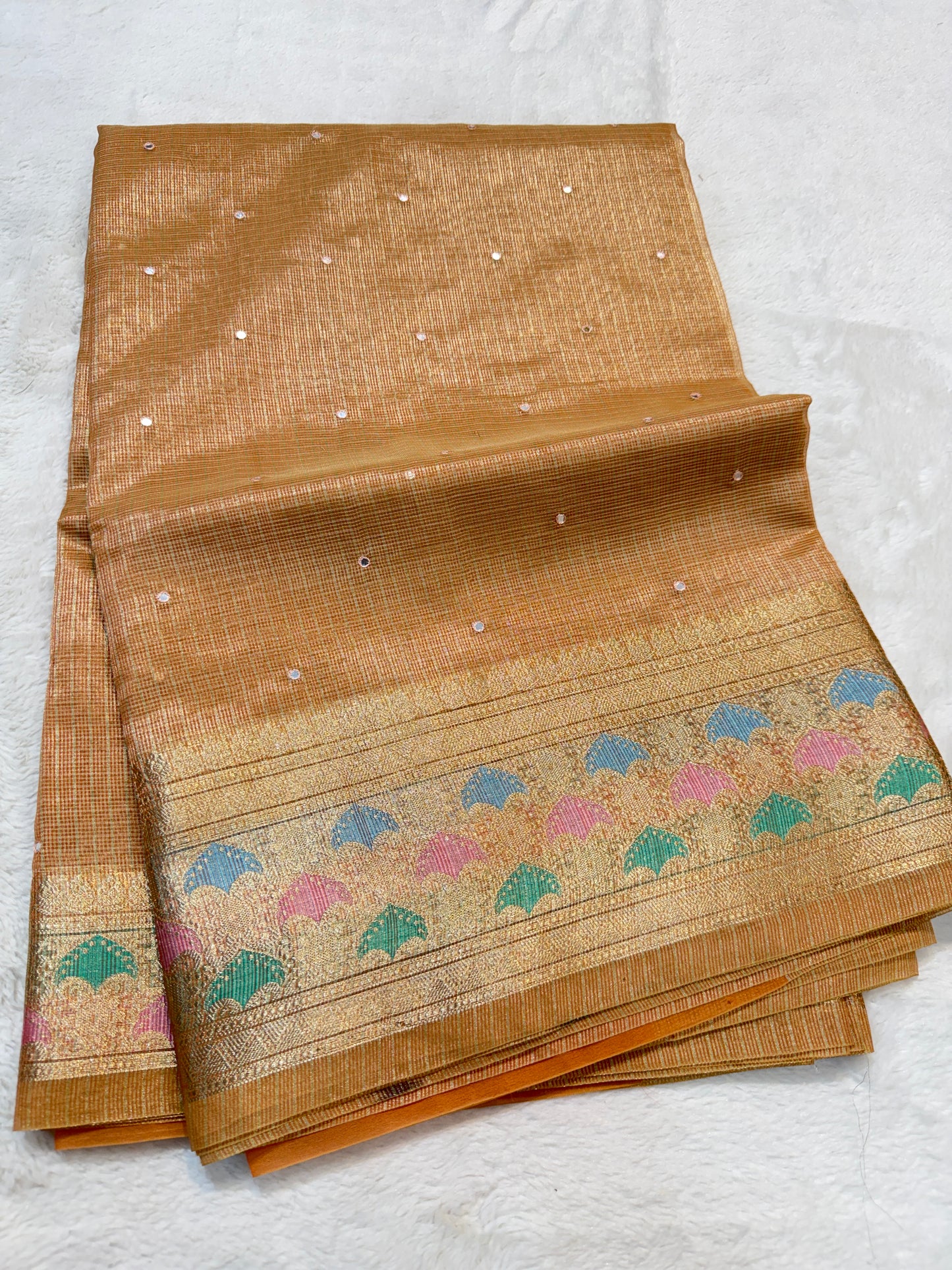 Bronze shade tissue kota mirror work premium Banarasi saree