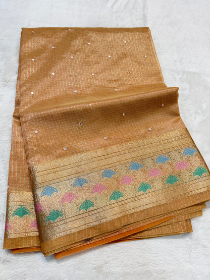 Bronze shade tissue kota mirror work premium Banarasi saree