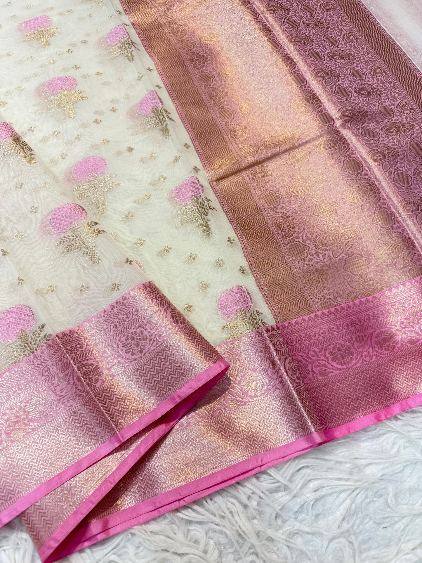 Off white & pink shade cotton premium Banarasi saree