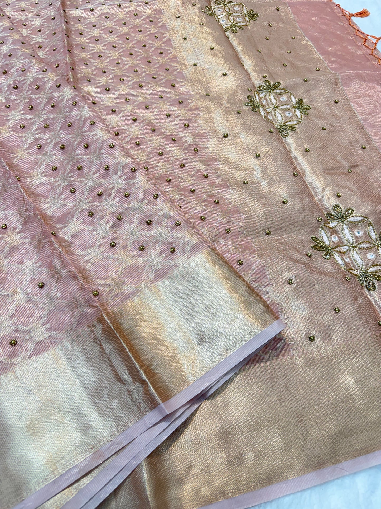 Peach tissue kota designer handwork premium Banarasi saree