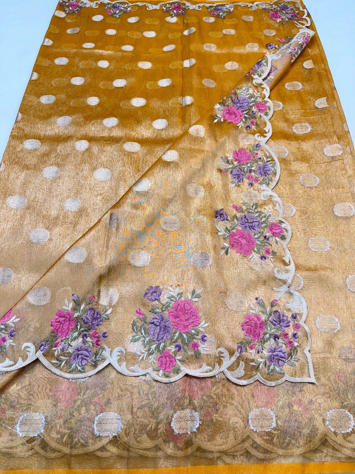 Gold  tissue cutwork embroidery premium designer Banarasi saree