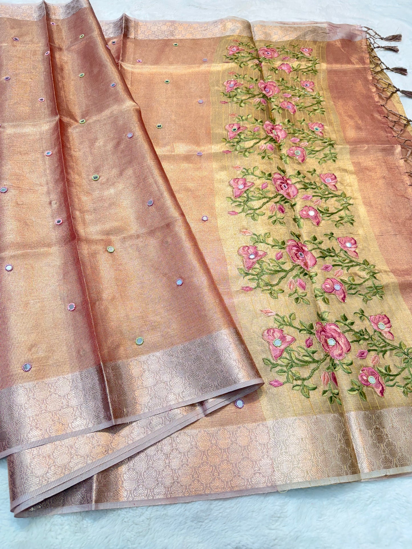 Pink kota tissue kota designer embroidery handwork premium Banarasi saree