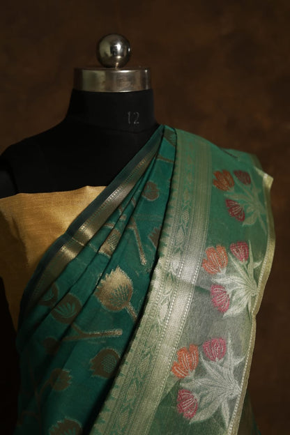 Bottle green shade kora organza Banarasi saree