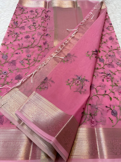 Pink shade shade organza embroidery Banarasi saree