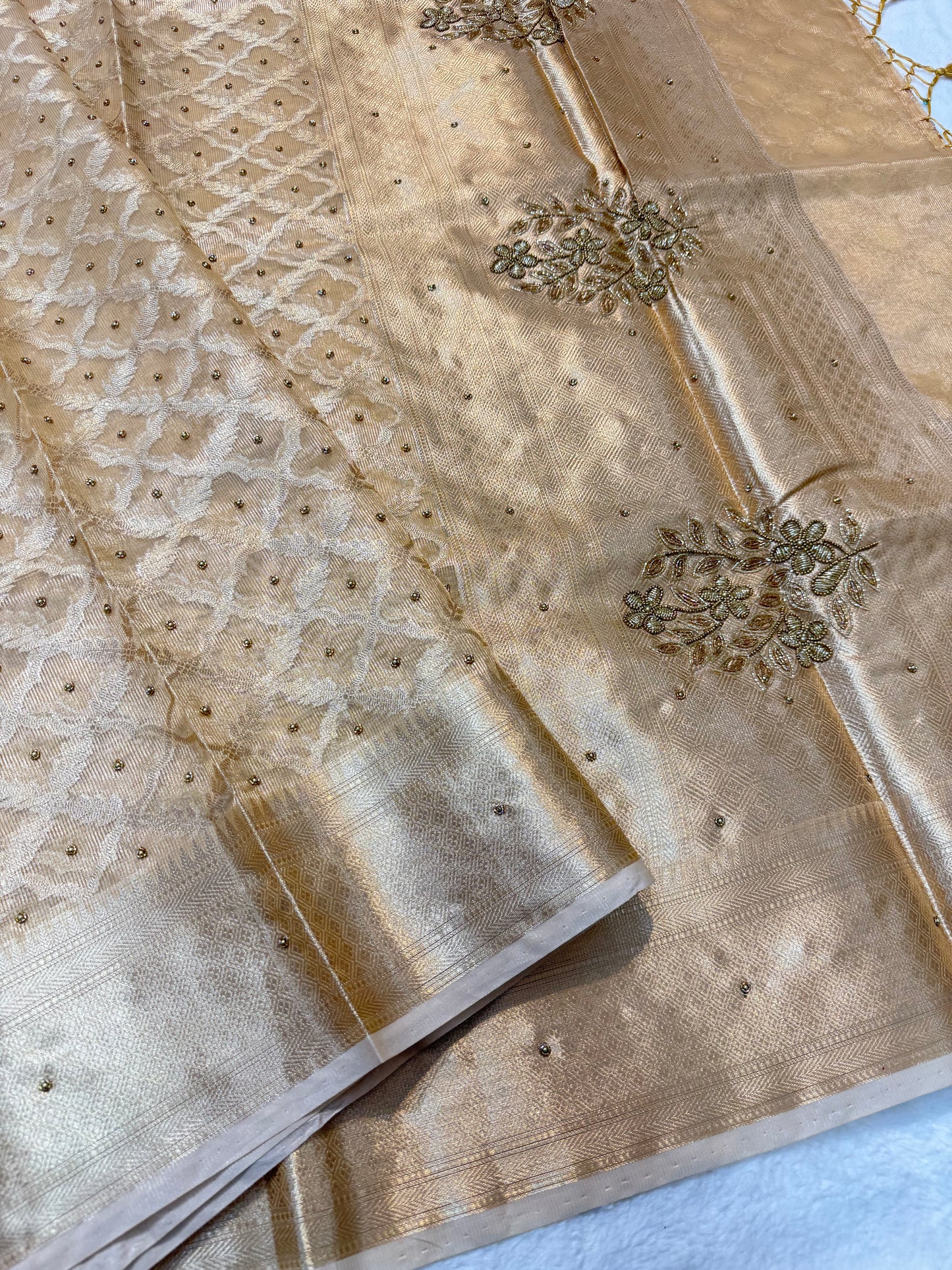 Gold shade tissue kota designer handwork premium Banarasi saree