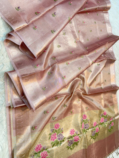Peach shade tissue kota embroidery primum Banarasi saree