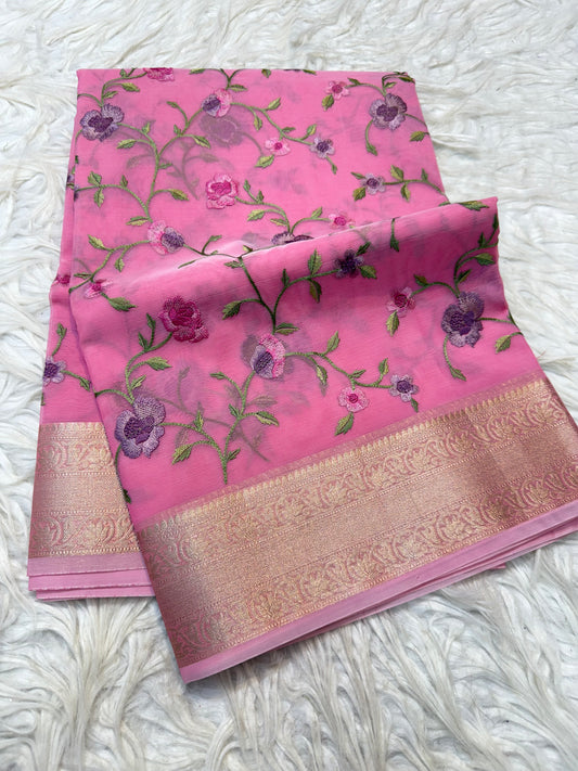 Pink organza embroidery Banarasi saree