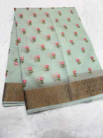 Sea green shade cotton kota embroidery Banarasi saree