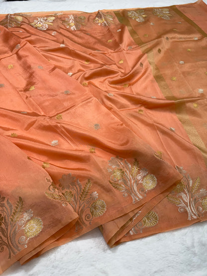 Peach shade  Raw mango soft silk banarasi saree