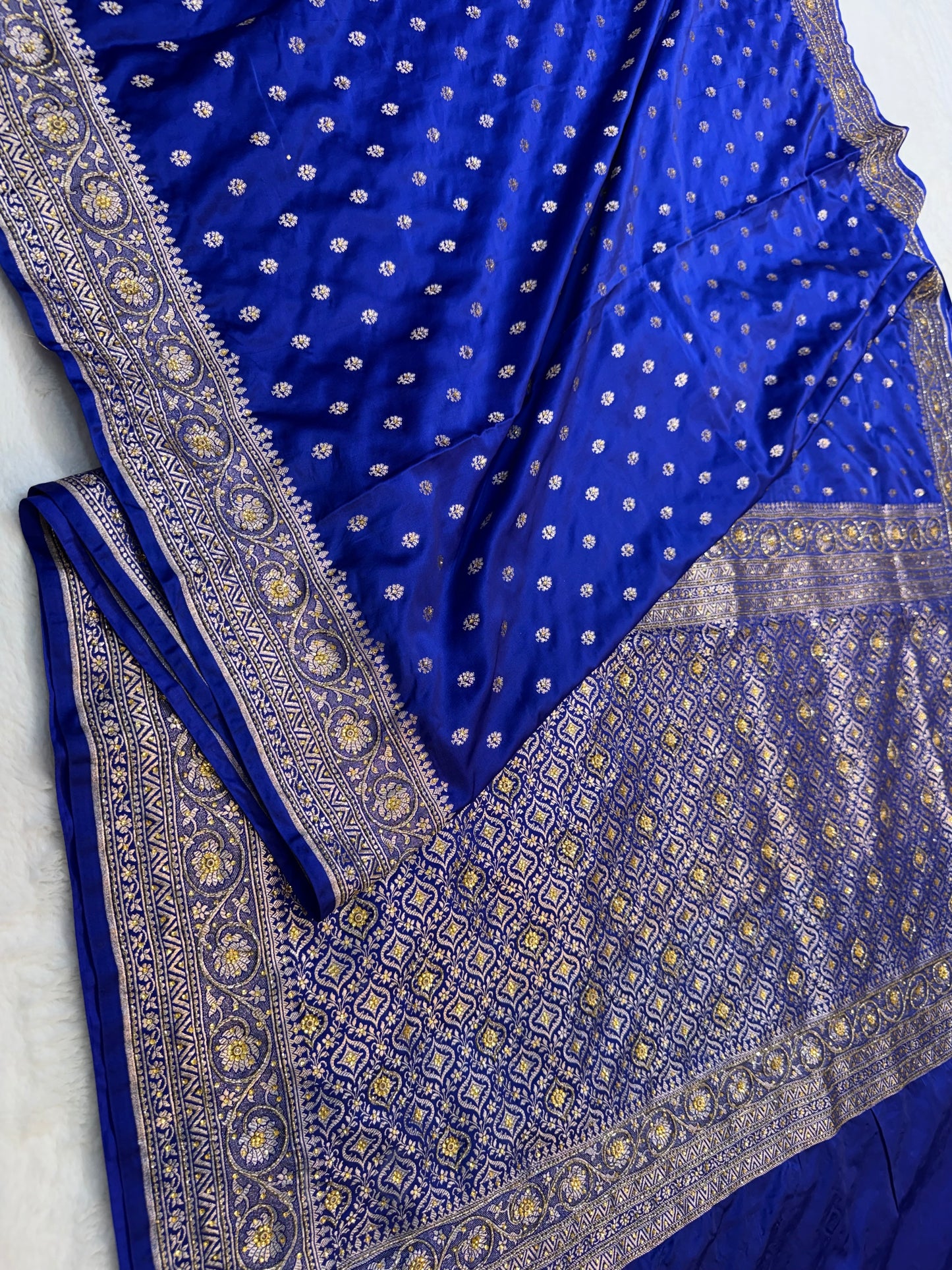 Royal blue shade Bridal Mashru ari & stone Silk Banarasi Saree