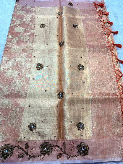 Peach shade tissue kota designer handwork premium Banarasi saree