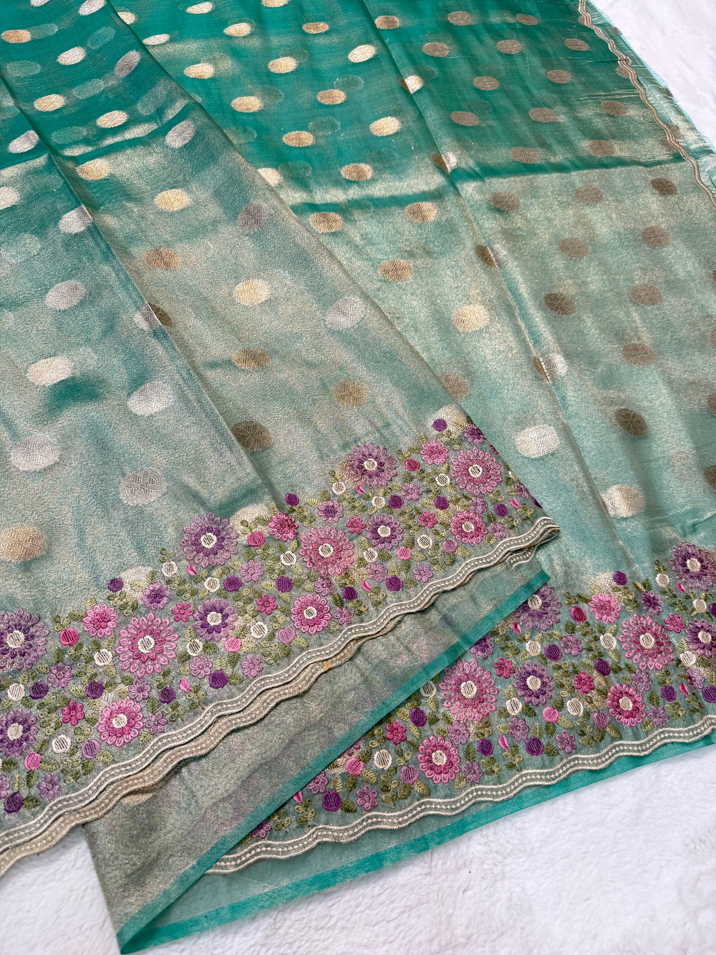 Sea green shade tissue cutwork embroidery premium designer Banarasi saree