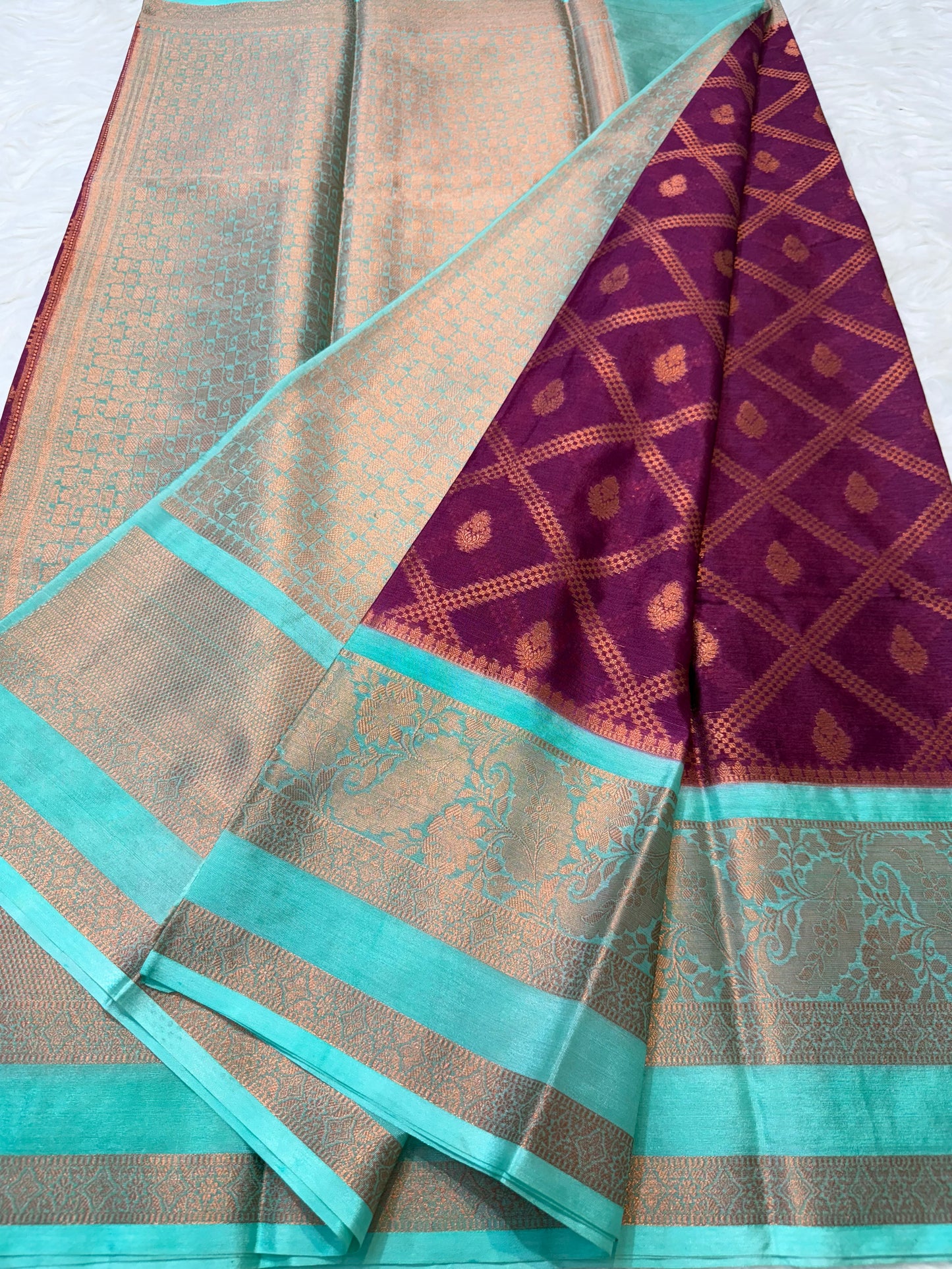 Wine turquoise warm silk premium Banarasi saree