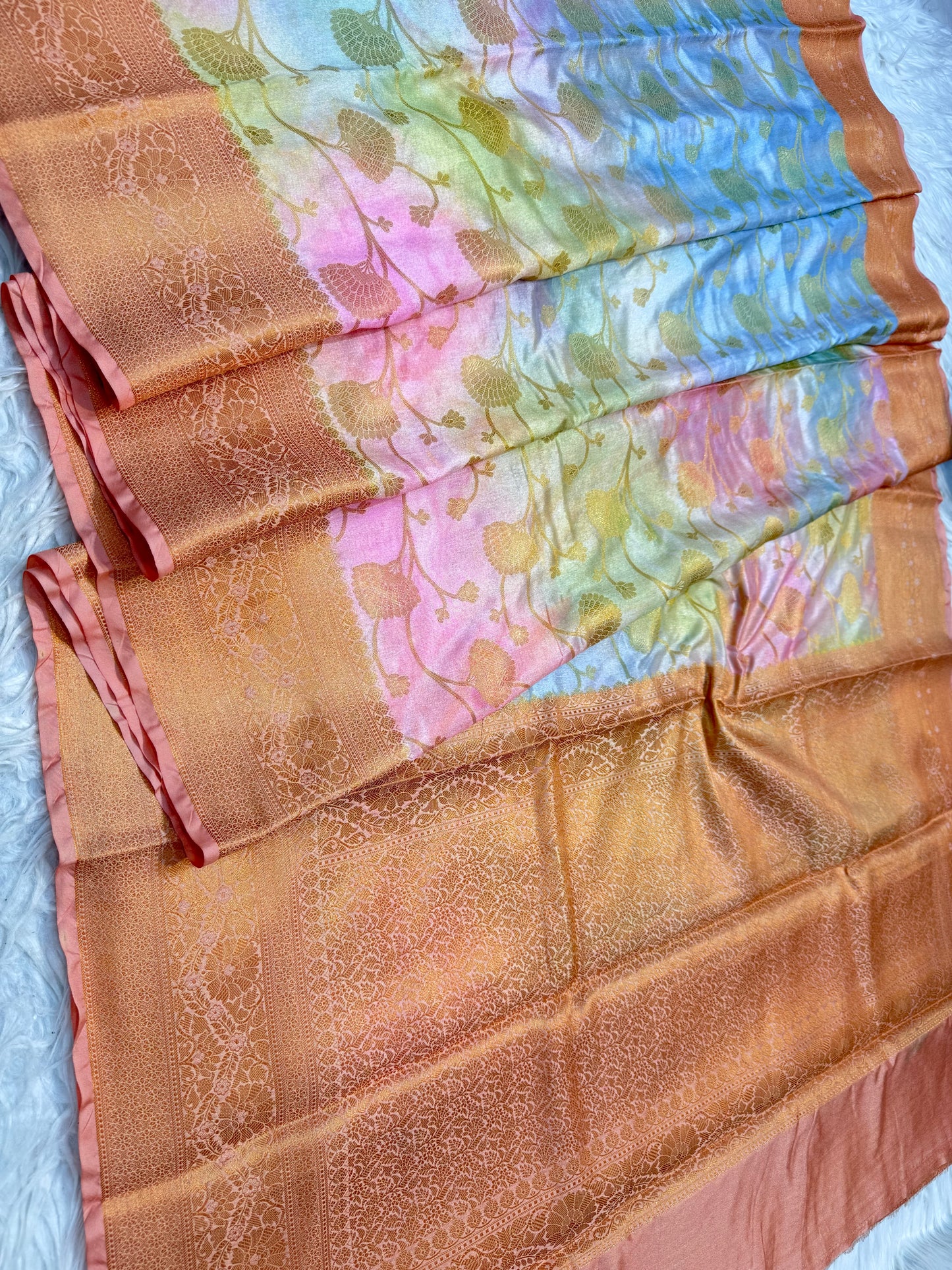 Peach & multicolour Dupion silk digital print Banarasi saree