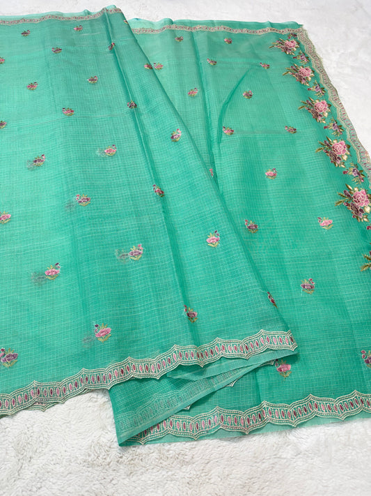 Sea green shade cotton kota designer embroidery premium Banarasi saree