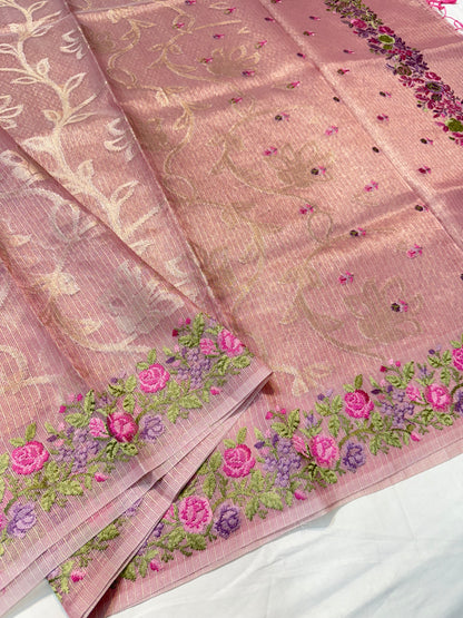 Pink shade tissue kota embroidery primum Banarasi saree