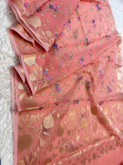 Peach green shade kora organza  embroidery Banarasi saree
