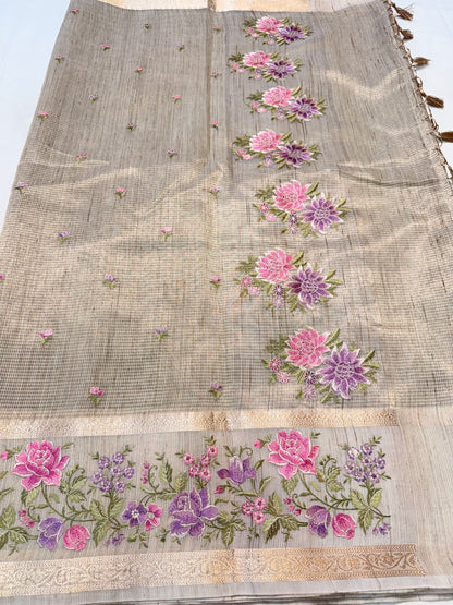 Beige shade tissue linen designer embroidery premium Banarasi saree