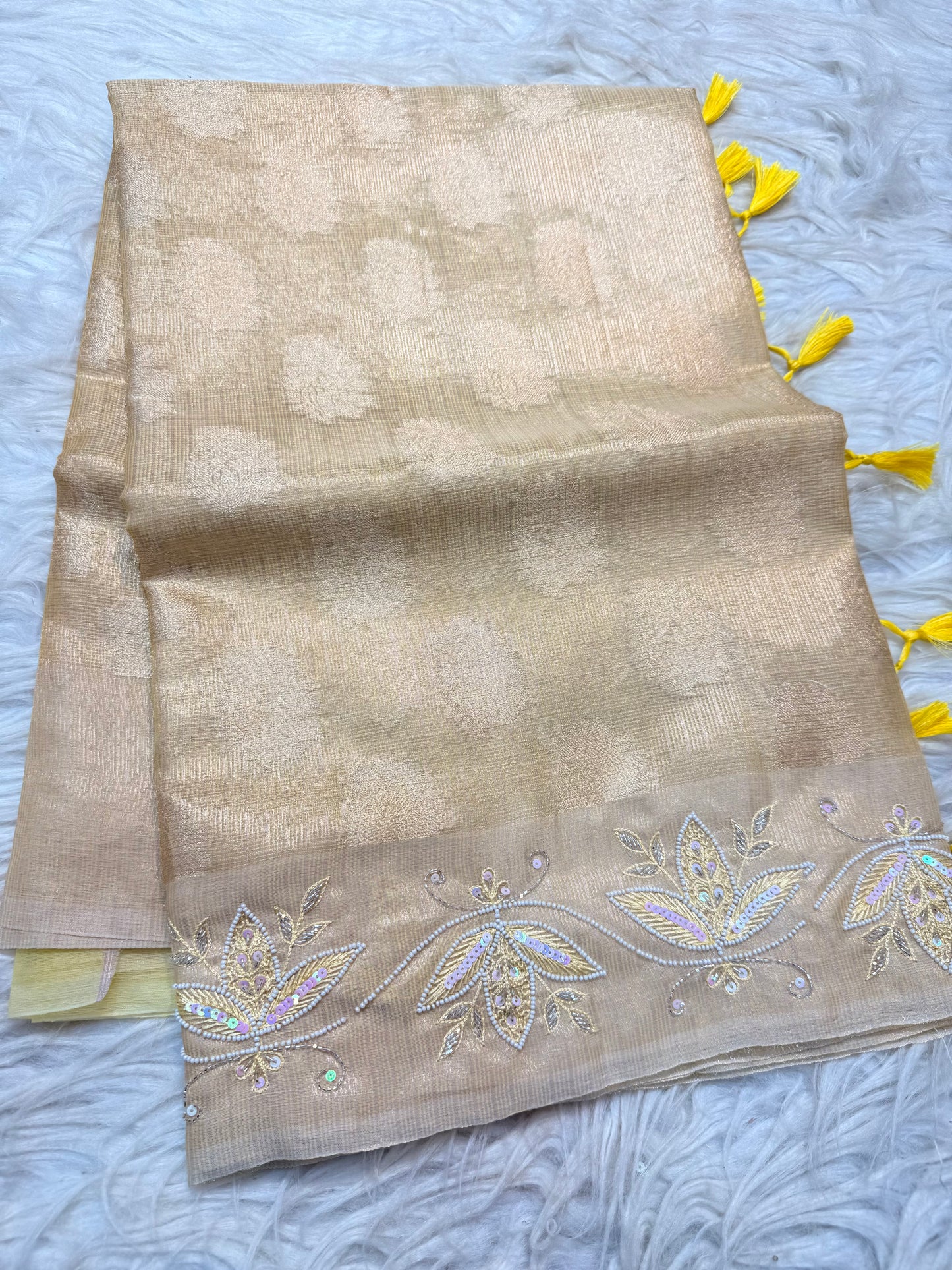Safety yellow shade tissue kota zardosi work Banarasi saree