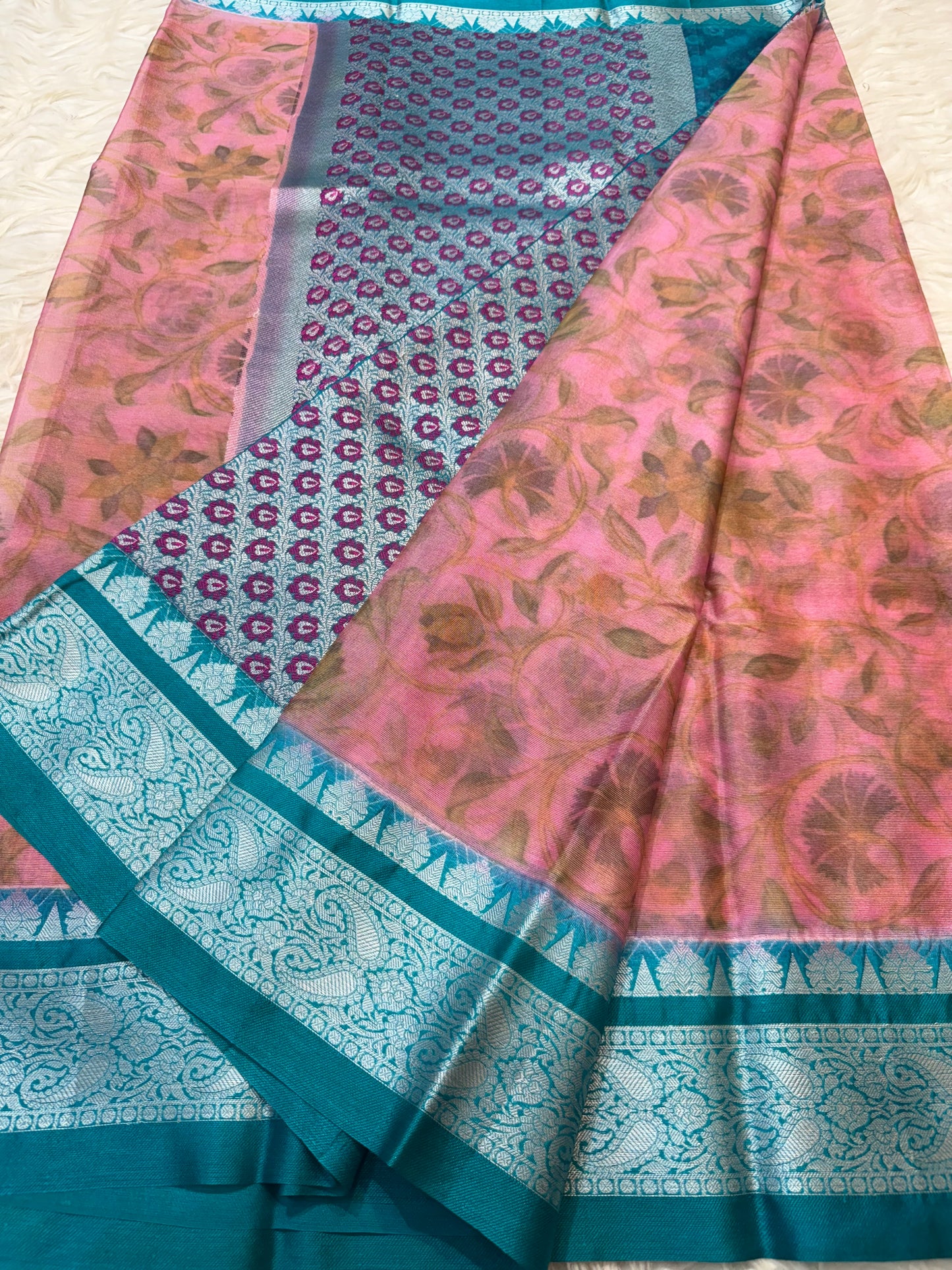 Multi colore warm silk digital print Banarasi saree