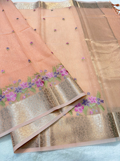 Peach shade linen designer embroidery Banarasi saree