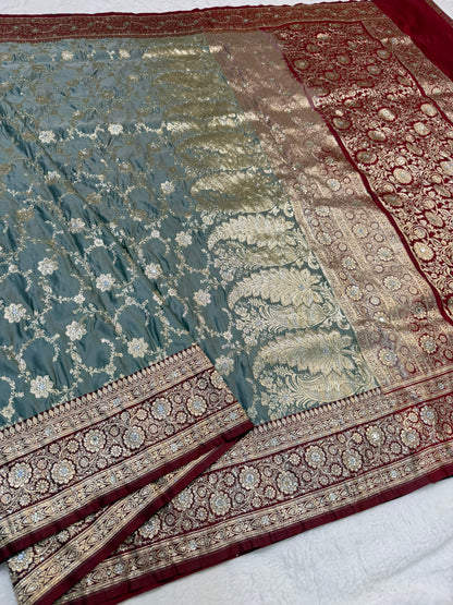 Gray maroon shade Bridal Satan katan ari & stone work Banarasi silk Saree