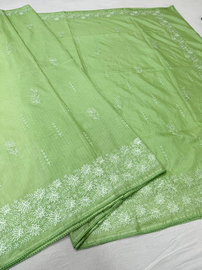Pista green shade cotton kota chickenkari embroidery Banarasi saree