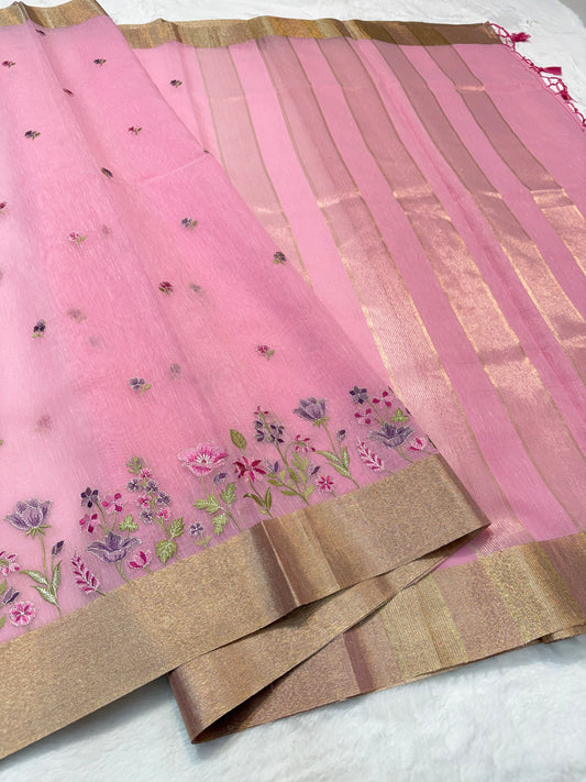 Pink shade linen embroidery premium Banarasi saree