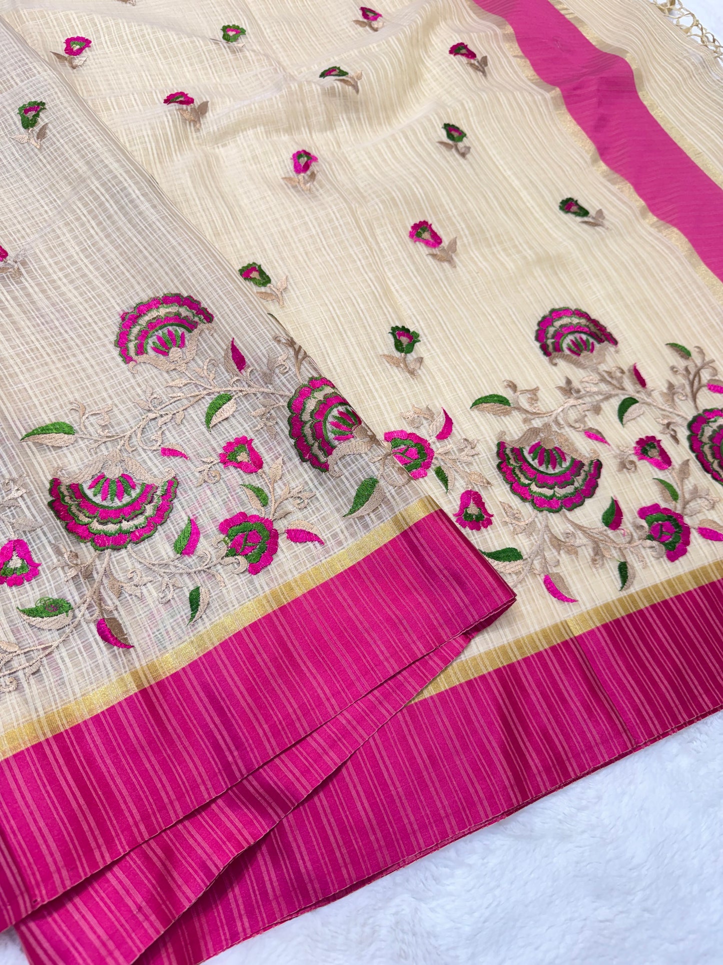 Beige royal pink shade kota embroidery Banarasi saree