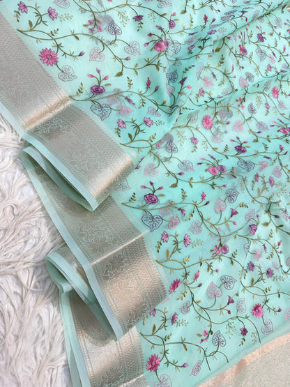 Turquoise shade organza embroidery Banarasi saree