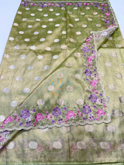 Pista green tissue cutwork embroidery premium designer Banarasi saree