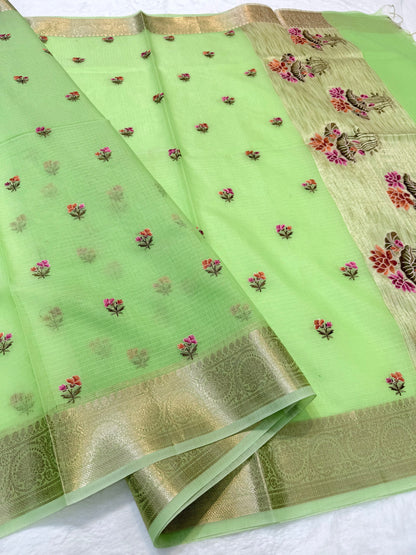 Pista green shade cotton kota embroidery Banarasi saree