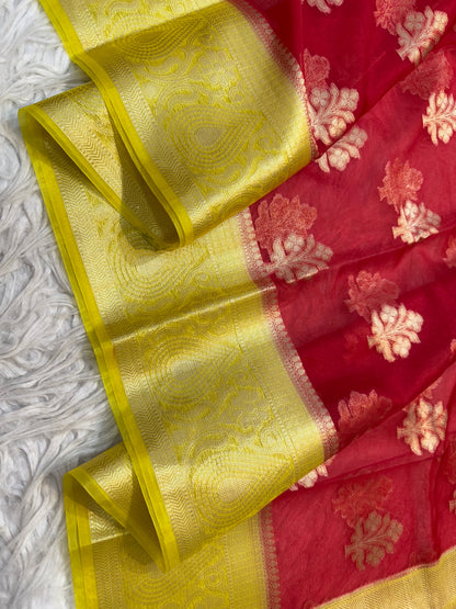 Red yellow warm silk premium Banarasi saree