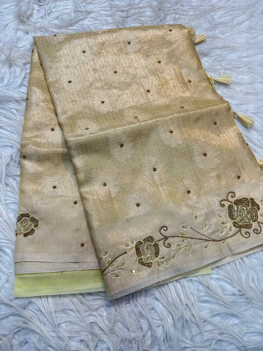Gold shade tissue kota handwork premium Banarasi saree