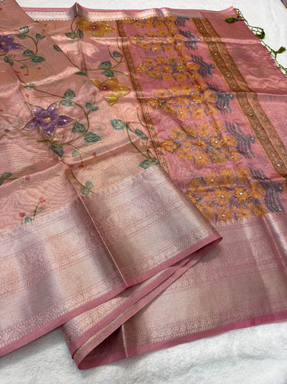 multicolour tissue silk digital print handwork premium Banarasi saree