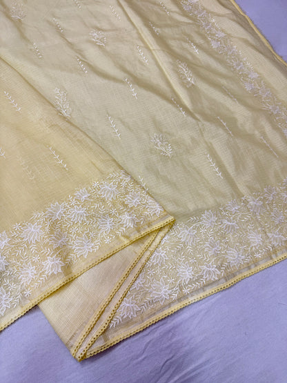 Safety yellow shade cotton kota chickenkari embroidery Banarasi saree