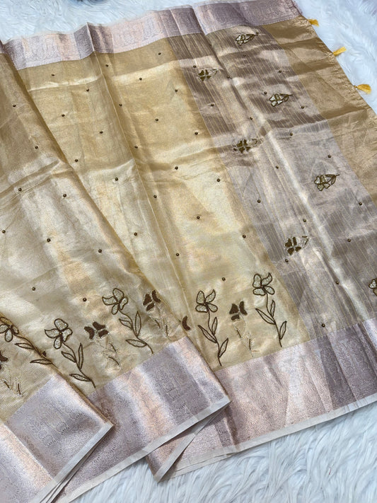 Gold shade tissue kota designer handwork premium Banarasi saree