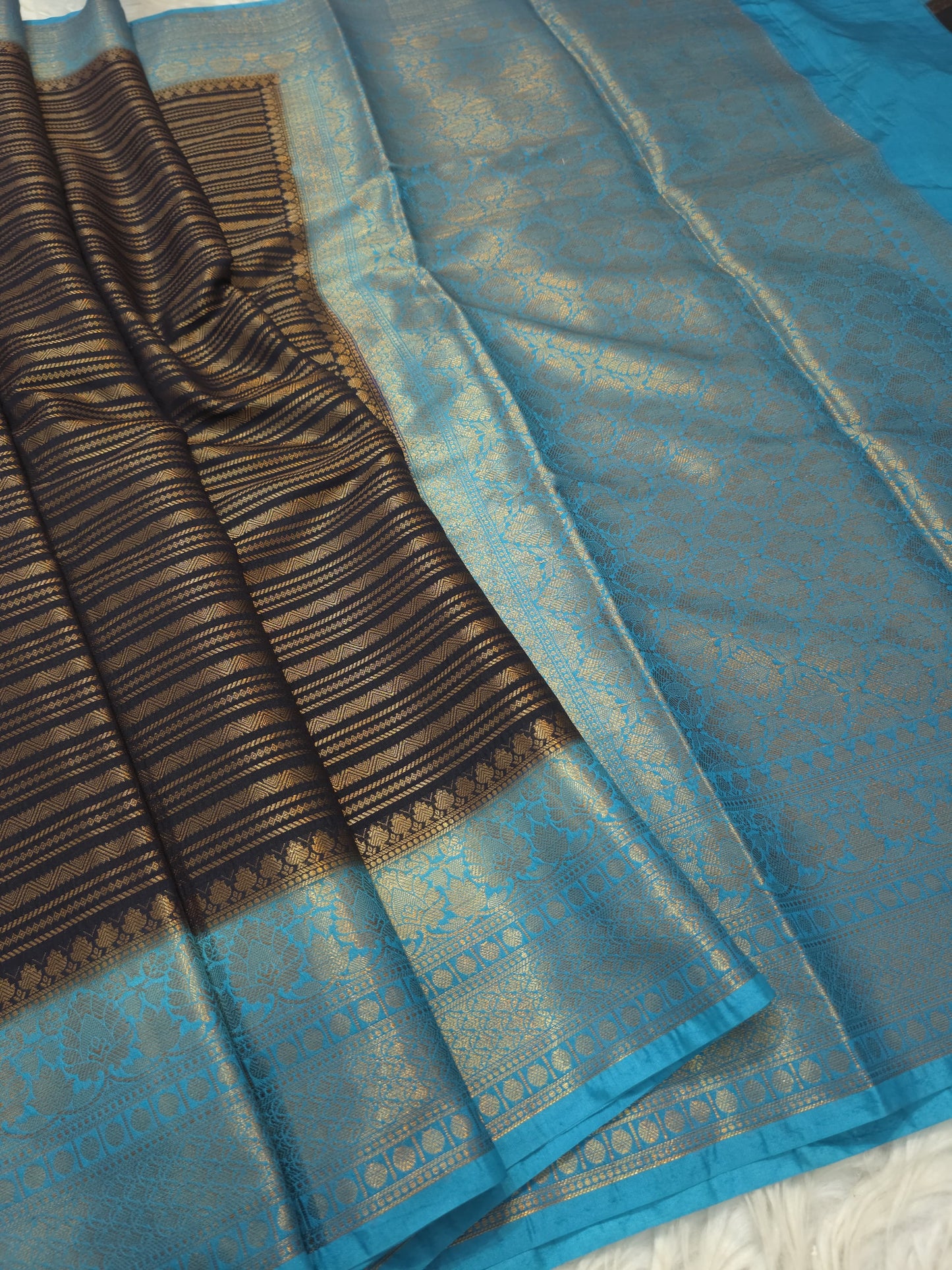 black & sea green shade  Dupion Silk premium Banarasi Saree