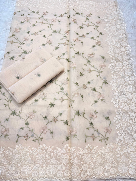 Off white shade organza designer cutwork premium embroidery Banarasi saree