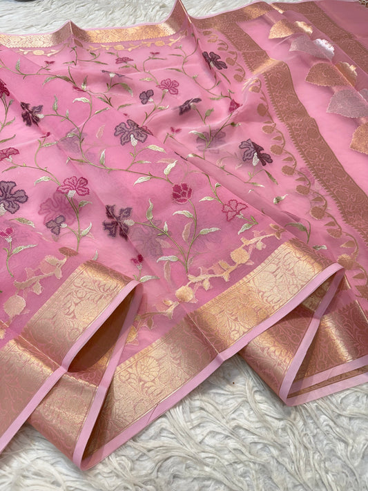 Pink shade  kora organza  embroidery Banarasi saree