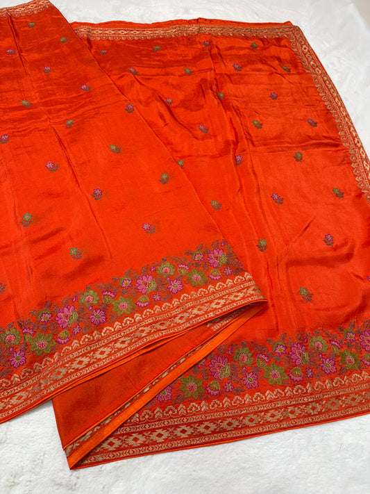 Orange shade viscose embroidery premium designer saree