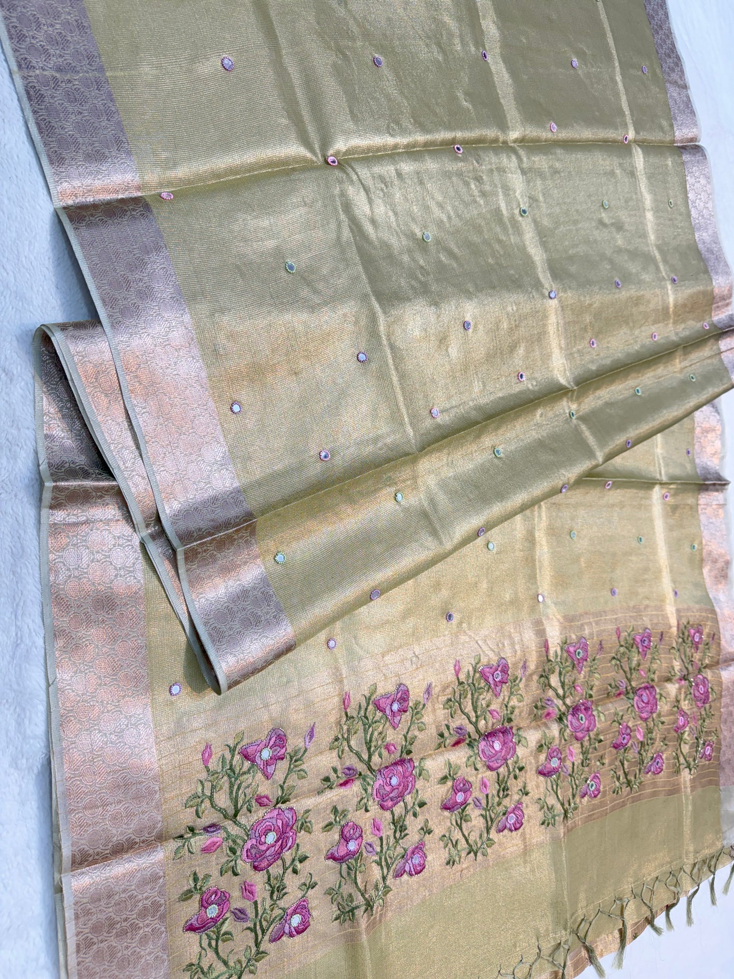 Pista green kota tissue kota designer embroidery handwork premium Banarasi saree