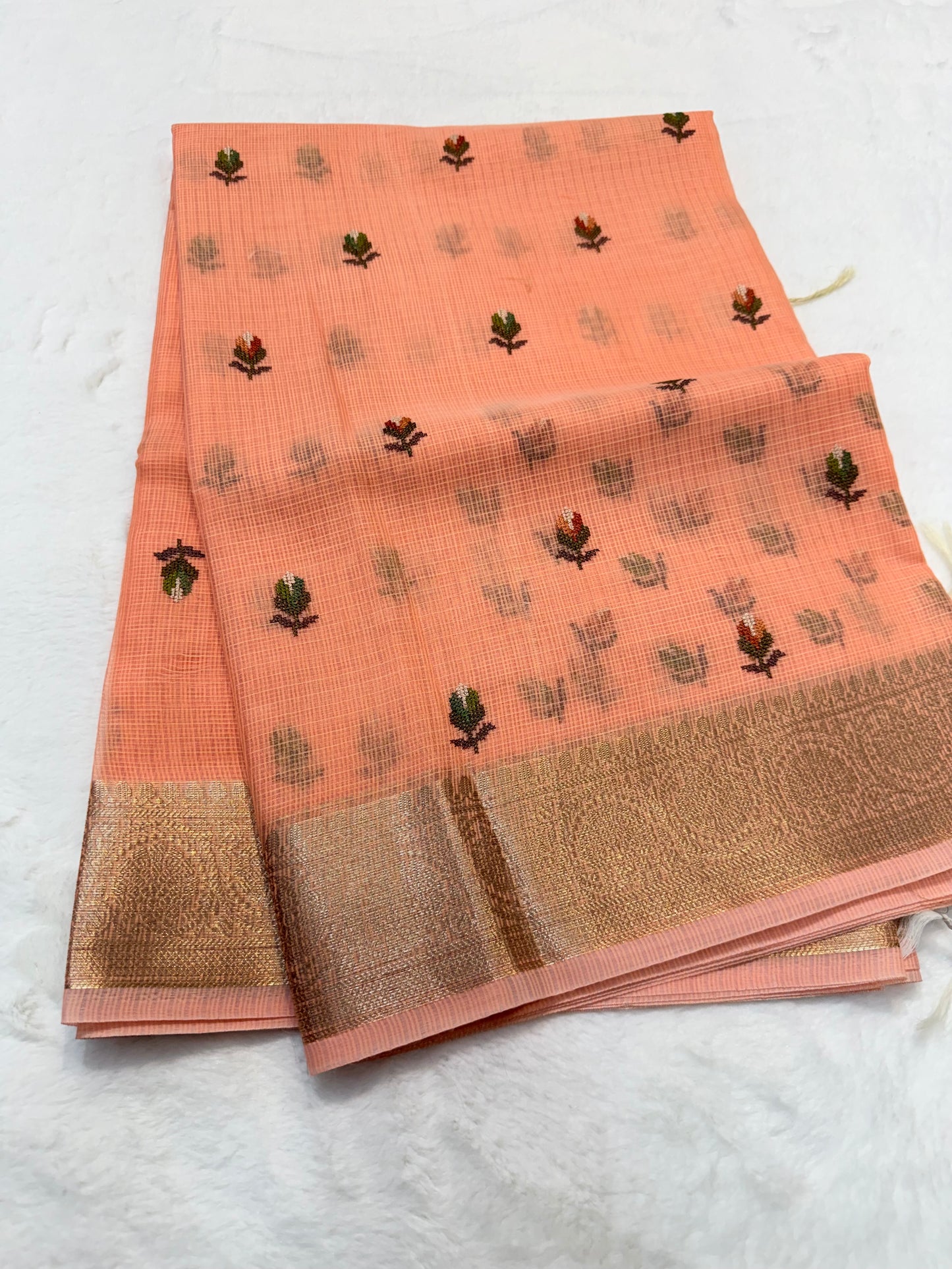 Peach shade cotton kota embroidery Banarasi saree