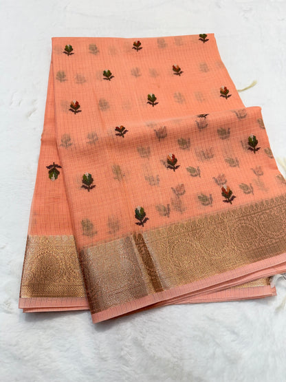 Peach shade cotton kota embroidery Banarasi saree