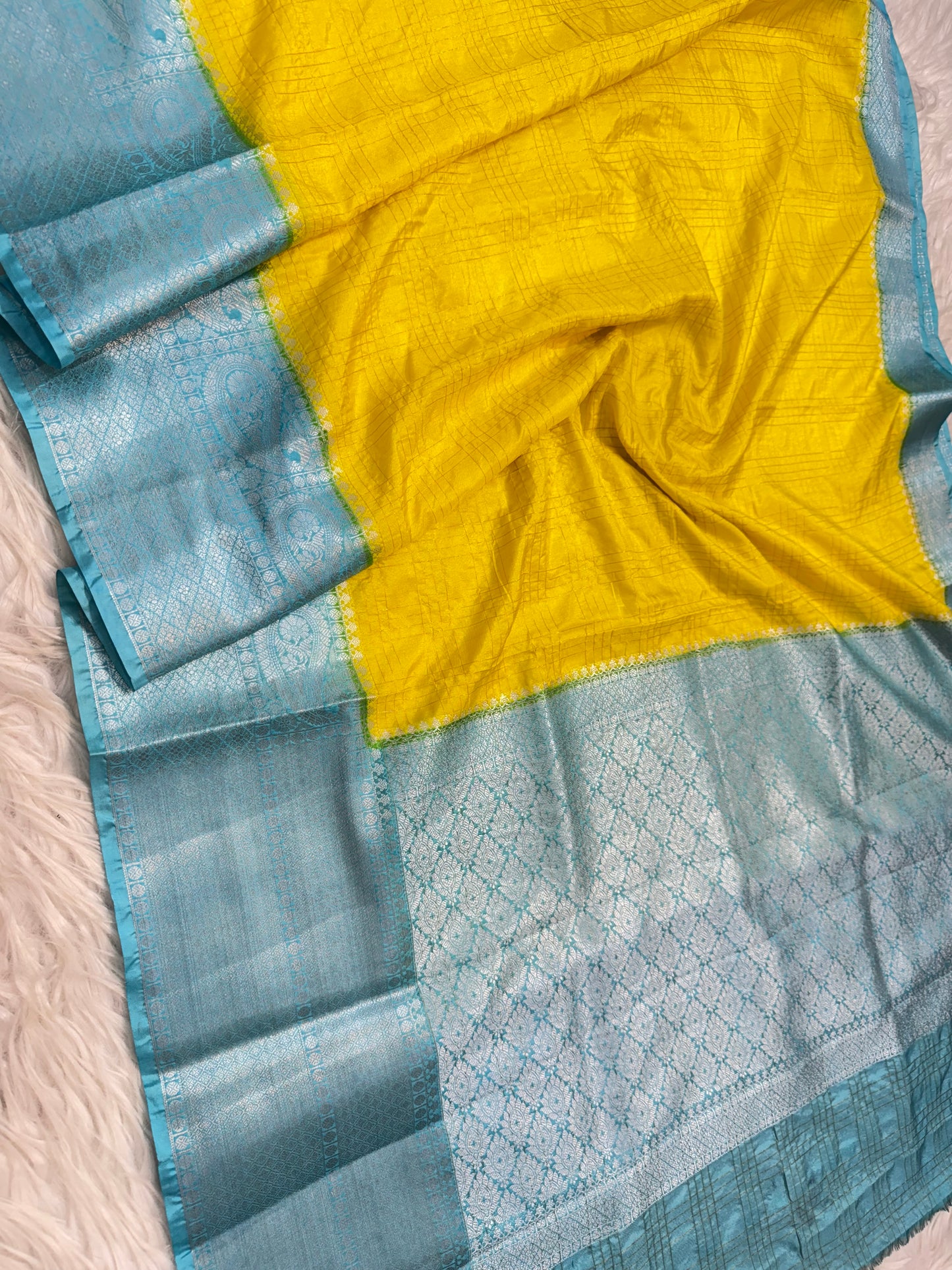 Yellow & sea green shade  Dupion Silk premium Banarasi Saree