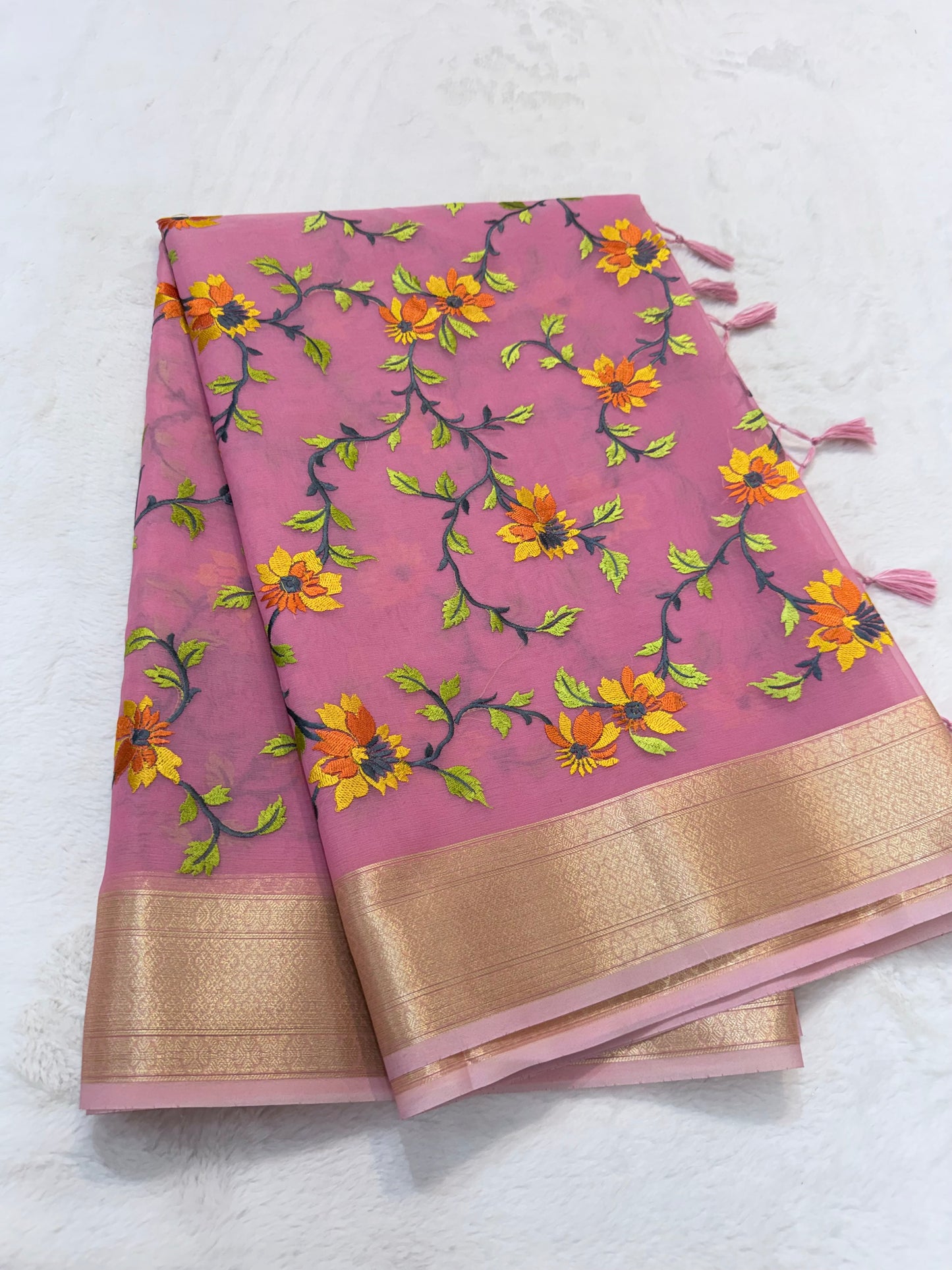 Pink shade organza designer premium embroidery Banarasi saree